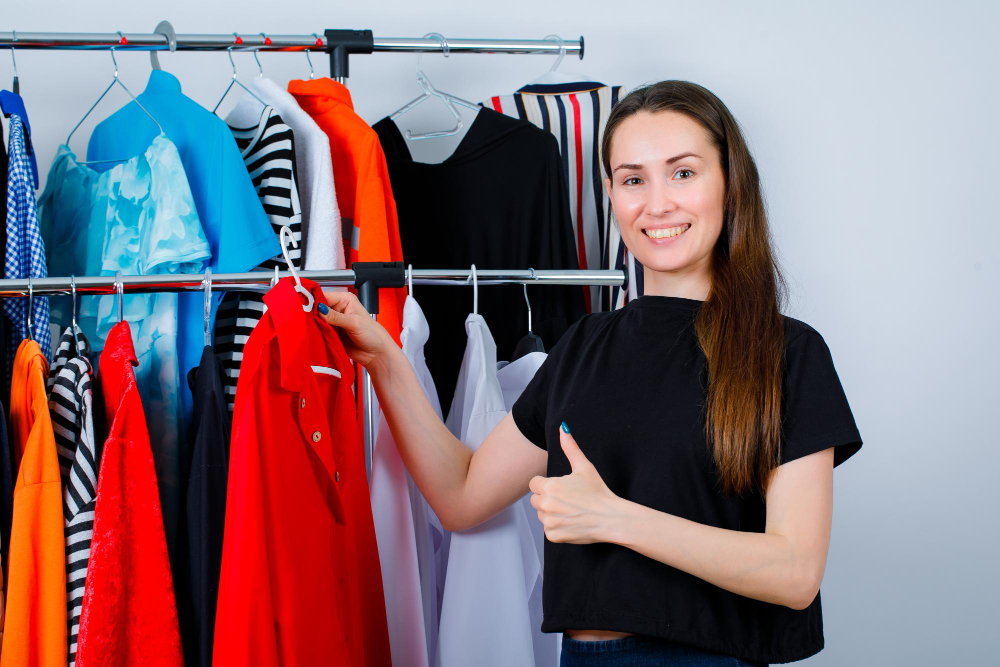 A woman standing grab a dress in her hands and show her thumb.