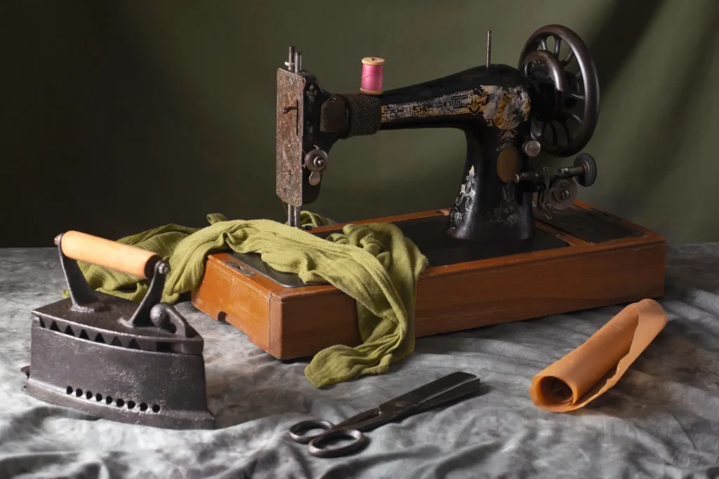 A Sewing machine, press, scissor and cloth piece lay down on the table.