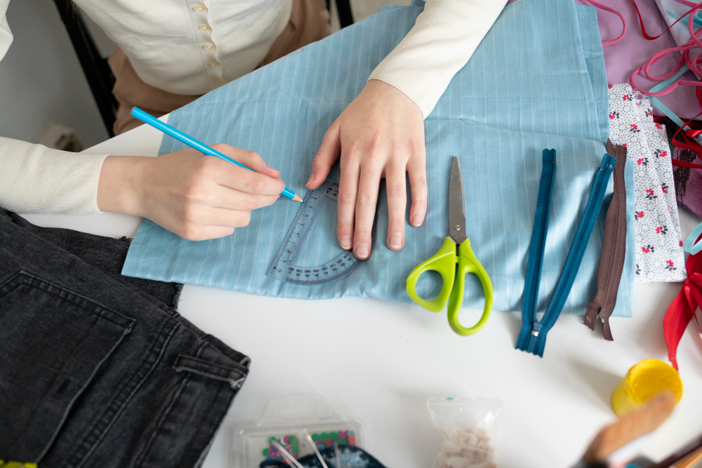 Girl with all his tailoring tools take a size and make a sign for cutting