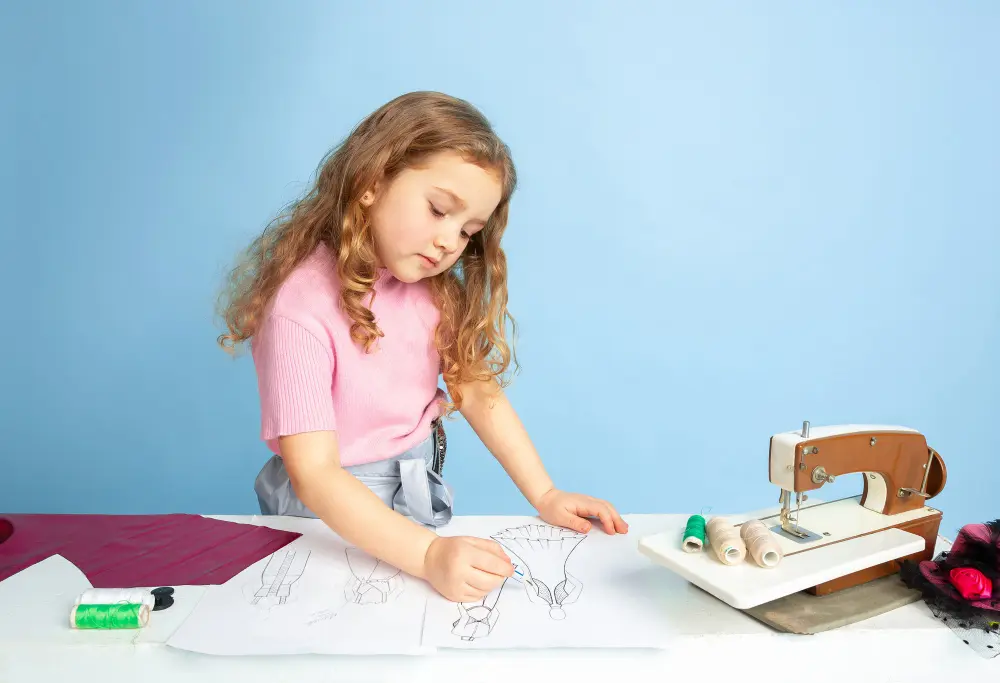 A small girl working and designing a dress