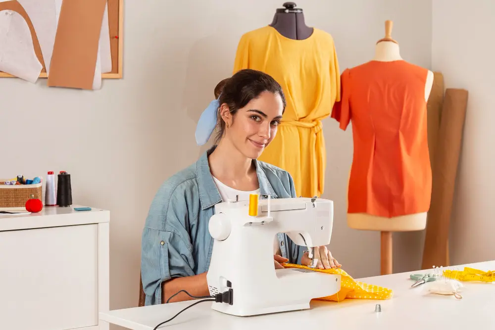 a girl is smiling and working on sewing machine.