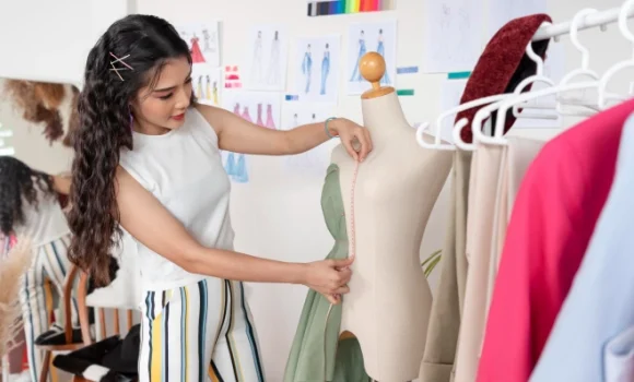 A girl standing and measuring a dress with measurement tape.